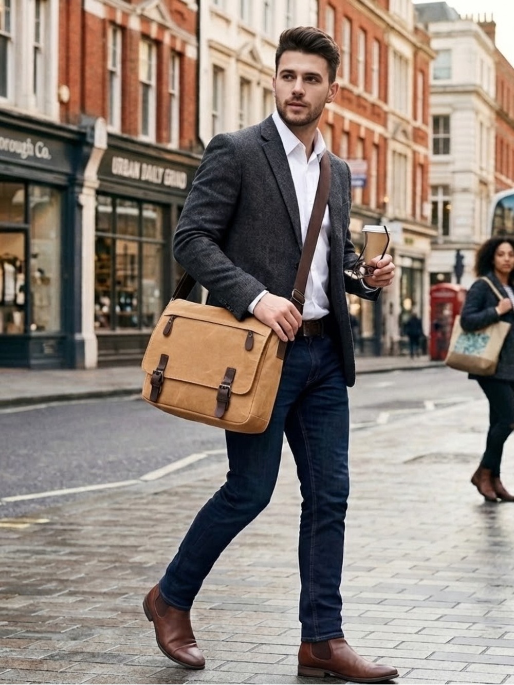 Men's Tan Canvas Messenger Bag with Adjustable Strap